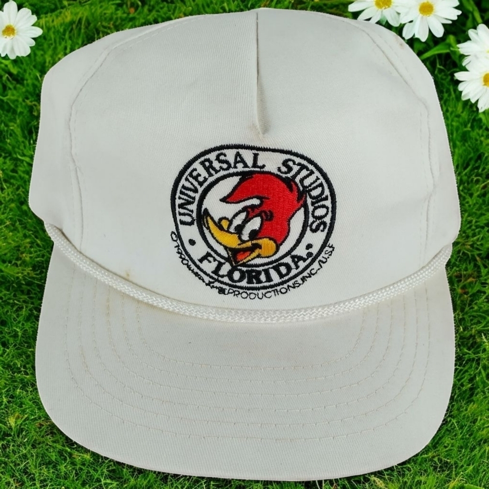 VTG 90s Universal Studios Woody Woodpecker Florida White Strapback Hat USA Made
